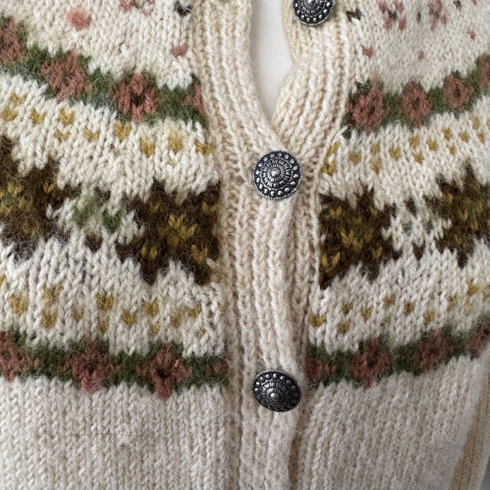 Vintage Foldal A/S HandKnit Fair Isle 100% Wool Cardigan Sweater Nordic S 3 - Picture 2 of 7